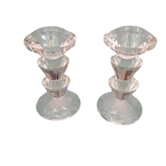 Vintage Simon Designs Lead Crystal Glass Tiered Candlestick Holders - Set of 2 - Picture 3 of 12